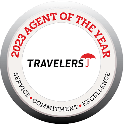 Travelers 2023 agent of the year.  Service, Commitment, Excellence