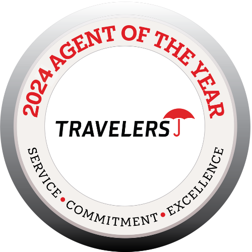 Travelers 2023 agent of the year.  Service, Commitment, Excellence